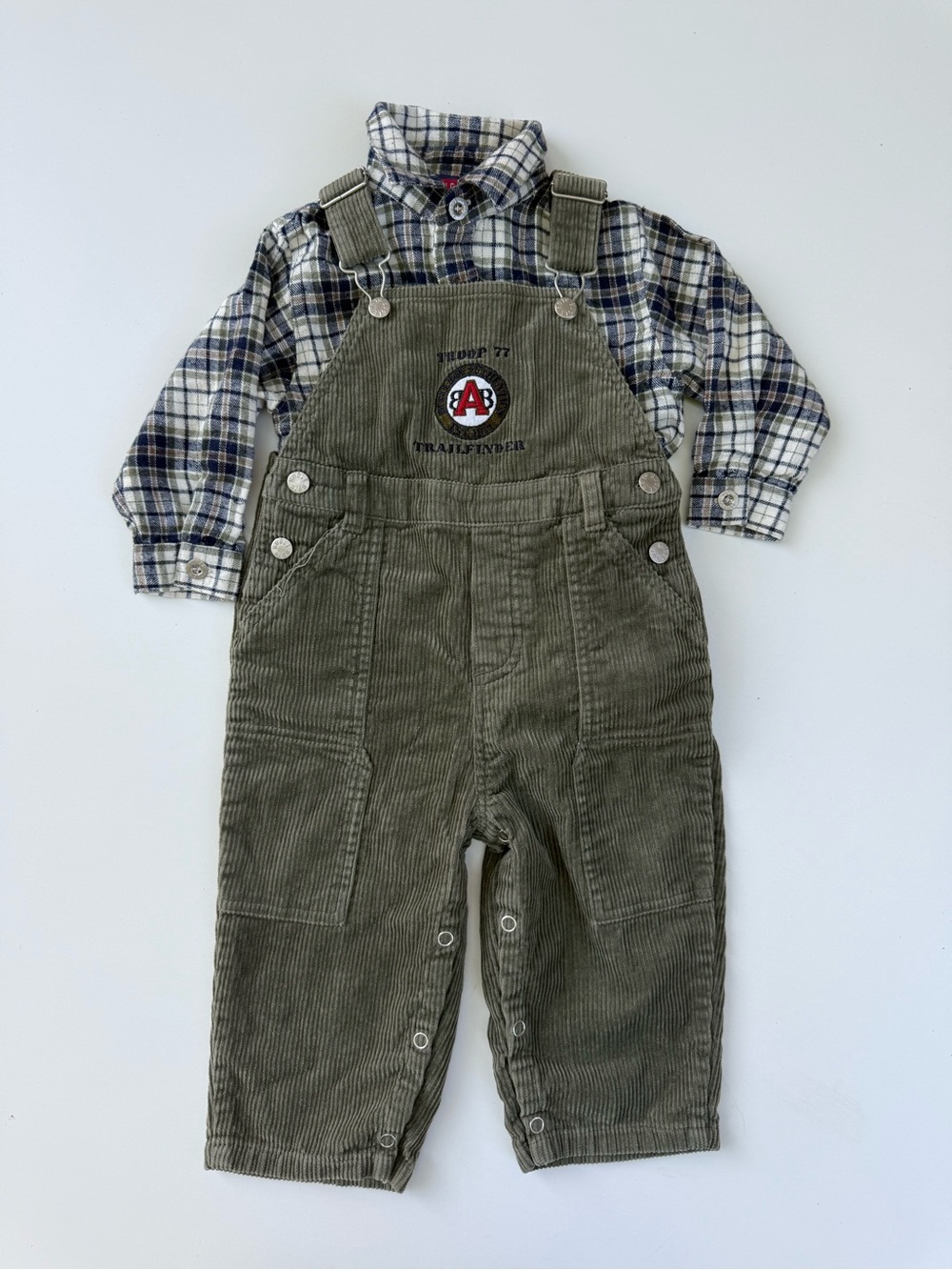 Vintage Bugle Boy Olive Green Corduroy Overalls with Plaid Shirt set